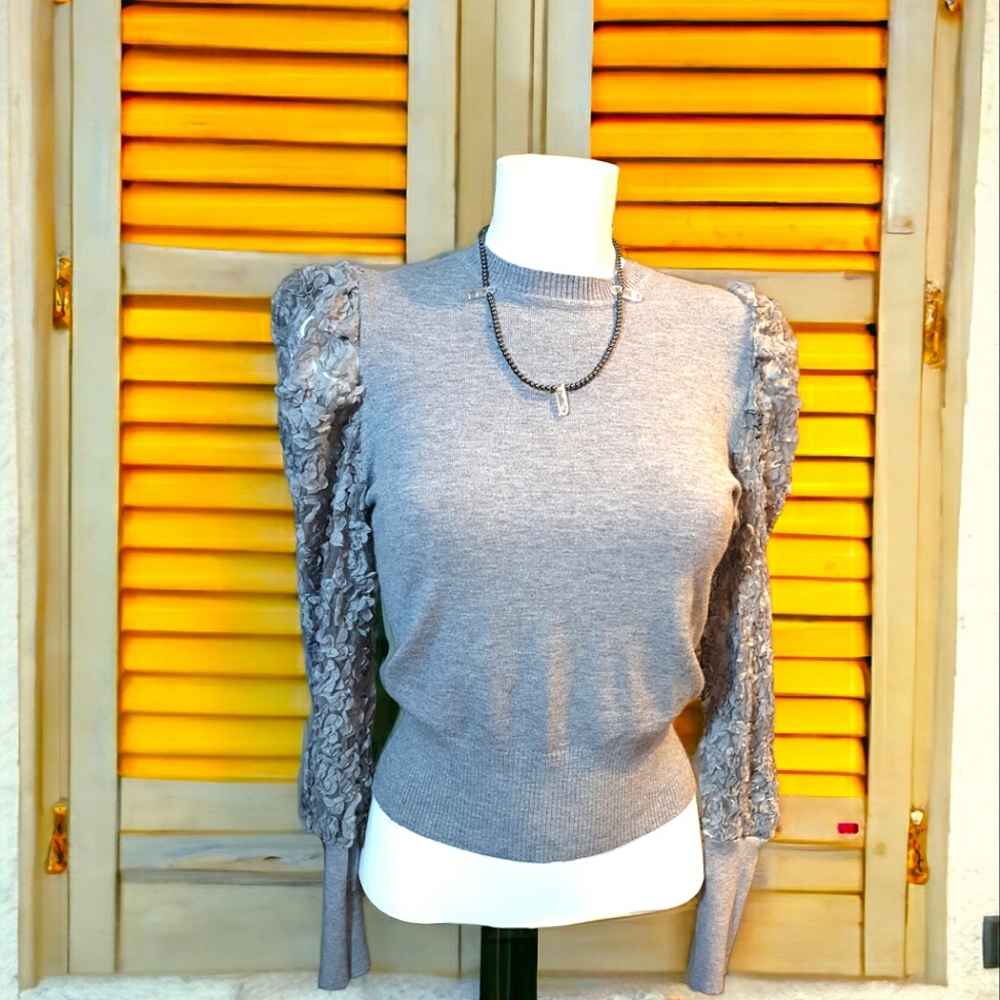 Fitted puff arm knit jumper with embellished mesh sleeves, UK size 10 12, AS NEW - Picture 2 of 12